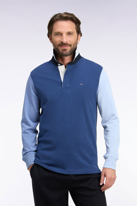 Long-sleeved jersey in navy tricolor embroidered cotton jersey, straight cut - Image 3