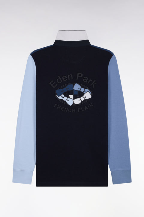 Long-sleeved jersey in navy tricolor embroidered cotton jersey, straight cut - Image 2