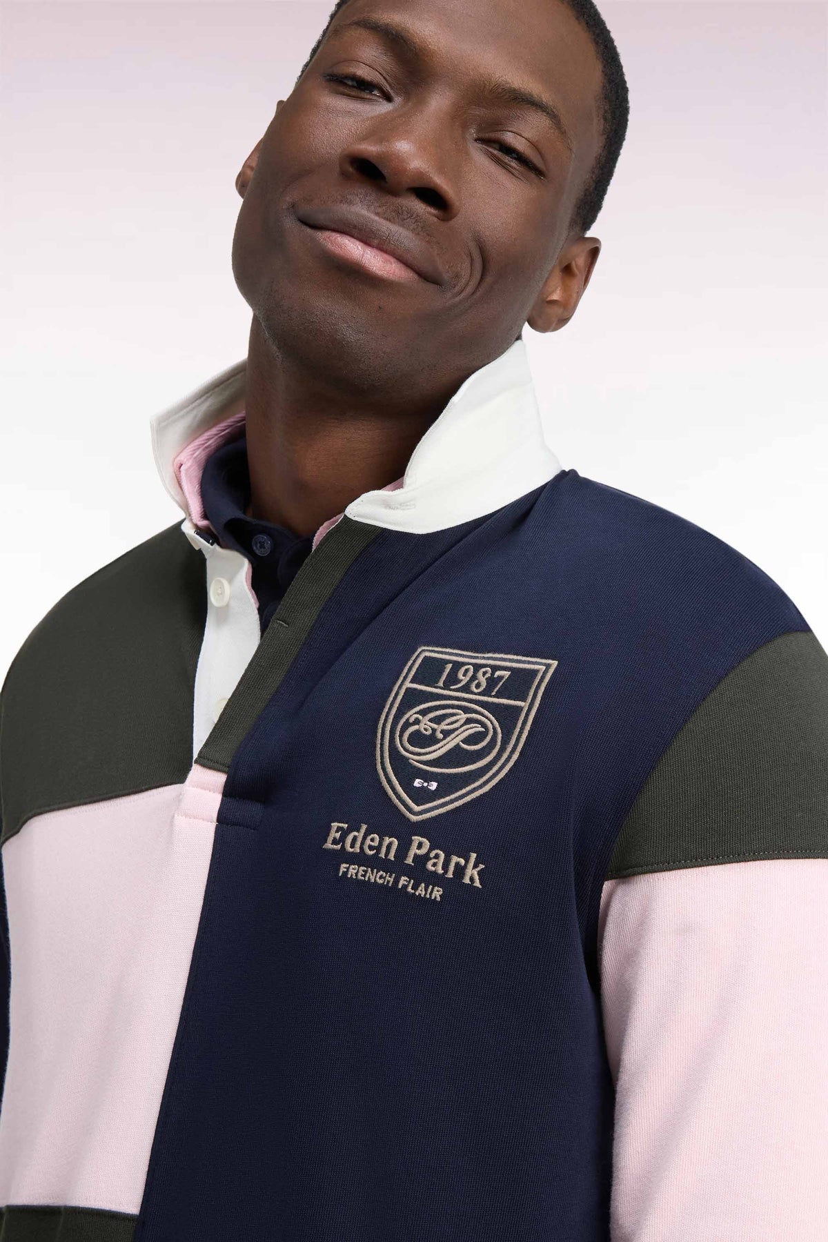 Long-sleeved jersey in straight-cut khaki tricolor combed cotton jersey