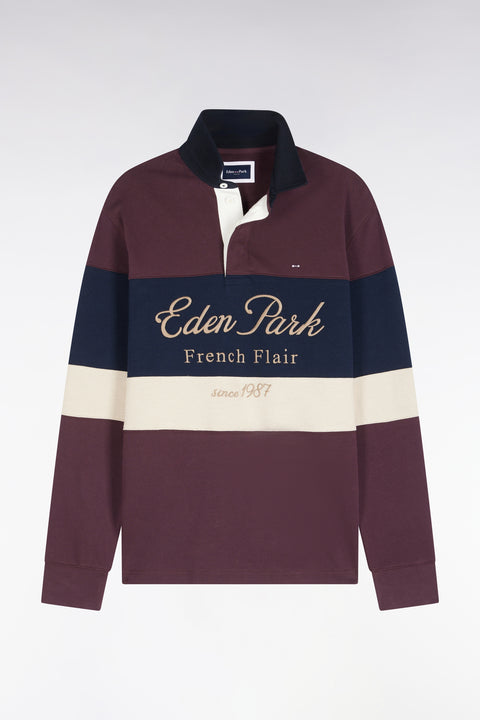 Long-sleeved cut-and-sew jersey in burgundy tricolor cotton with Héritage embroidery - Image 2