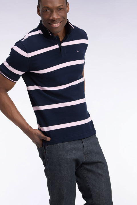 Short-sleeved navy polo shirt with pink stripes, straight cut - Image 1