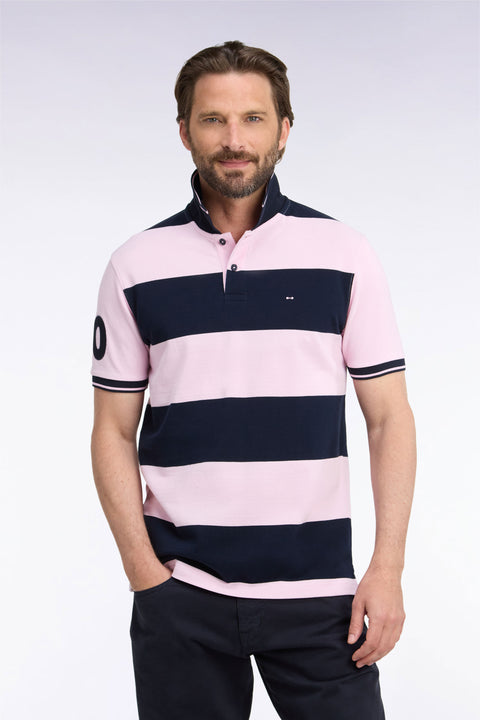 Short-sleeved polo shirt with pink and navy rugby stripes, straight cut - Image 3