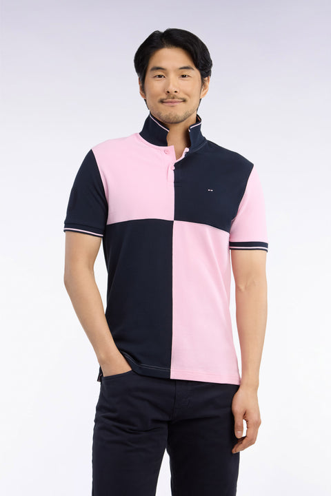 Short-sleeved polo shirt in navy and pink cotton, straight cut - Image 3
