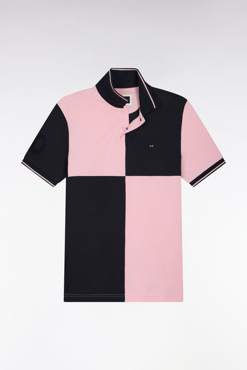 Short-sleeved polo shirt in navy and pink cotton, straight cut - Image 2
