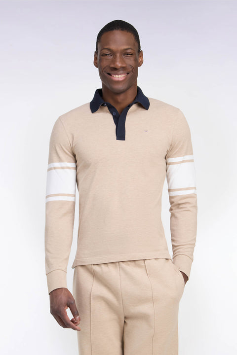 Long-sleeved polo shirt in beige cotton pique straight cut - Image 3