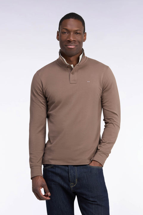 Brown Pima cotton long-sleeved straight-cut polo shirt - Image 3