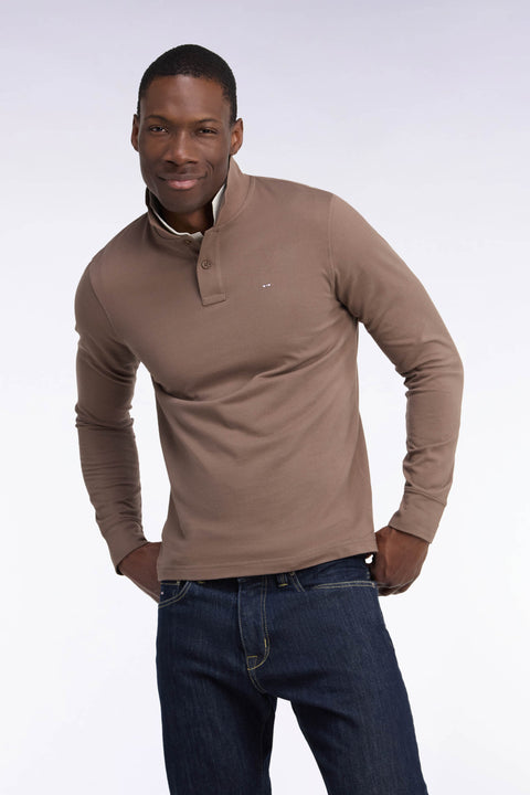 Brown Pima cotton long-sleeved straight-cut polo shirt - Image 1