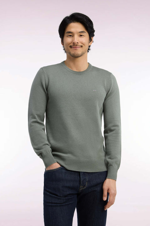 Round neck sweater in olive green wool and cotton, straight cut - Image 3