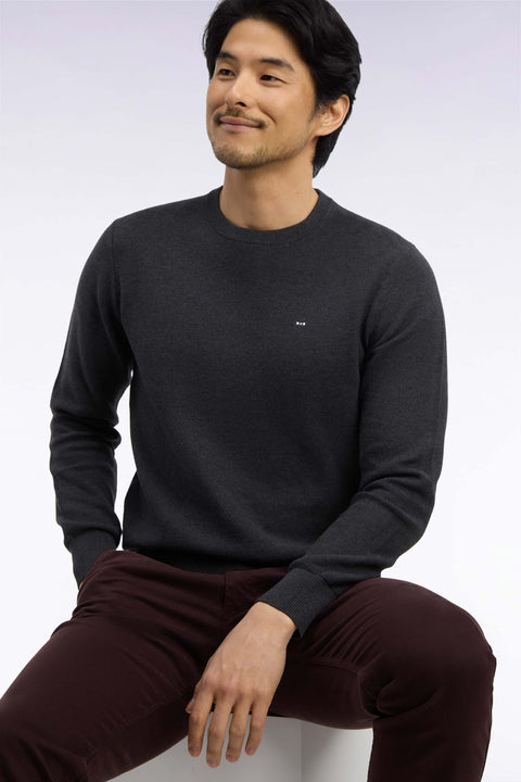 Pull col rond en coton gris foncé coupe droite - Image 1