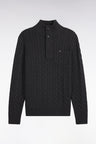 Cable-knit sweater with buttoned collar in gray cotton, straight cut