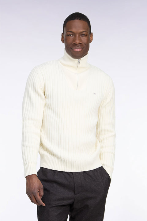 Straight cut ribbed ecru wool and cotton trucker neck sweater - Image 3
