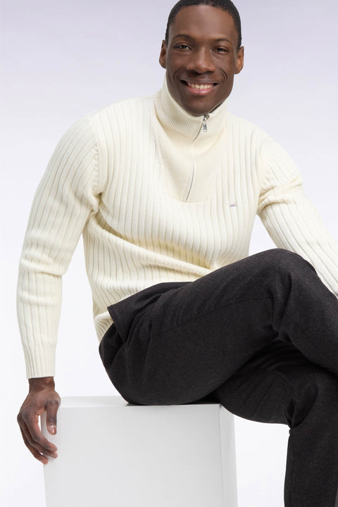Straight cut ribbed ecru wool and cotton trucker neck sweater - Image 1