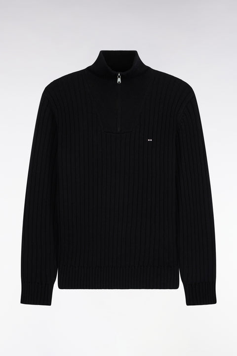 Straight cut ribbed black wool and cotton trucker neck sweater - Image 2