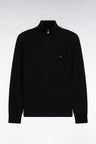 Straight cut ribbed black wool and cotton trucker neck sweater