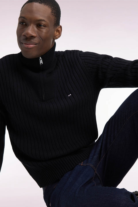 Straight cut ribbed black wool and cotton trucker neck sweater - Image 1