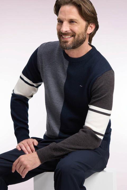 Round-neck sweater with vertical cutout in tricolor merino wool jersey - Image 1
