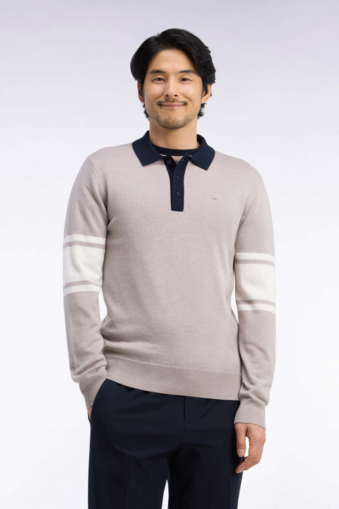 Beige merino wool jersey polo collar sweater - Image 3