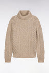 Beige cable knit straight fit turtleneck sweater