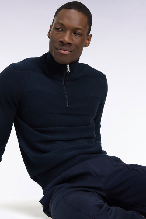 Golf sweater with zipped high collar in cotton and navy viscose, straight cut - Image 1