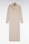 Beige straight cut virgin wool and cashmere polo collar midi dress
