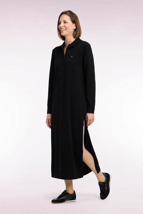 Robe midi à col polo en laine vierge et cachemire noire coupe droite - Image 1