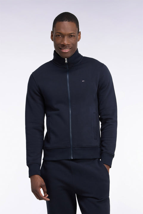 Zippered sweatshirt with trucker collar in navy cotton, straight cut - Image 3