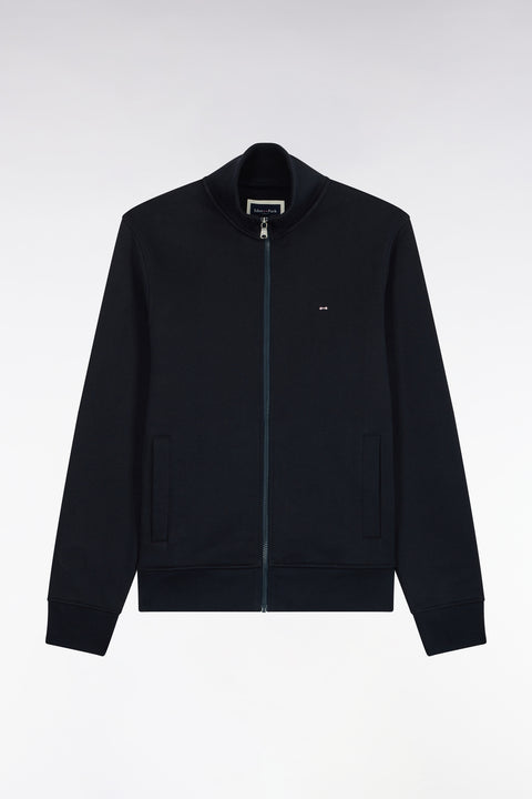 Zippered sweatshirt with trucker collar in navy cotton, straight cut - Image 2