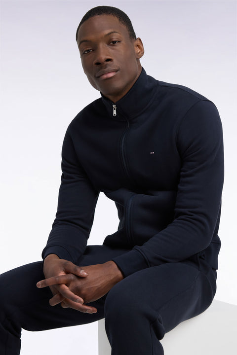 Zippered sweatshirt with trucker collar in navy cotton, straight cut - Image 1