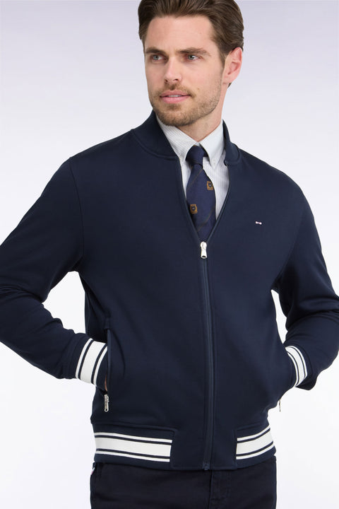 Sweatshirt zippé en interlock marine à bords-côtes Teddy coupe droite - Image 1