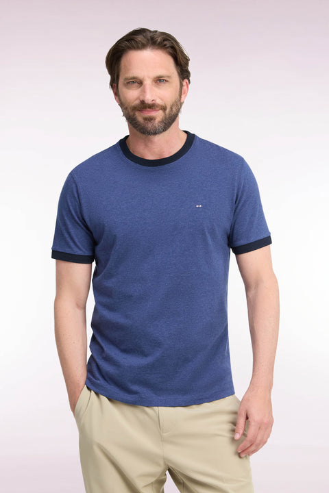 T-shirt manches courtes en coton bleu bords-côtes marine coupe droite - Image 3