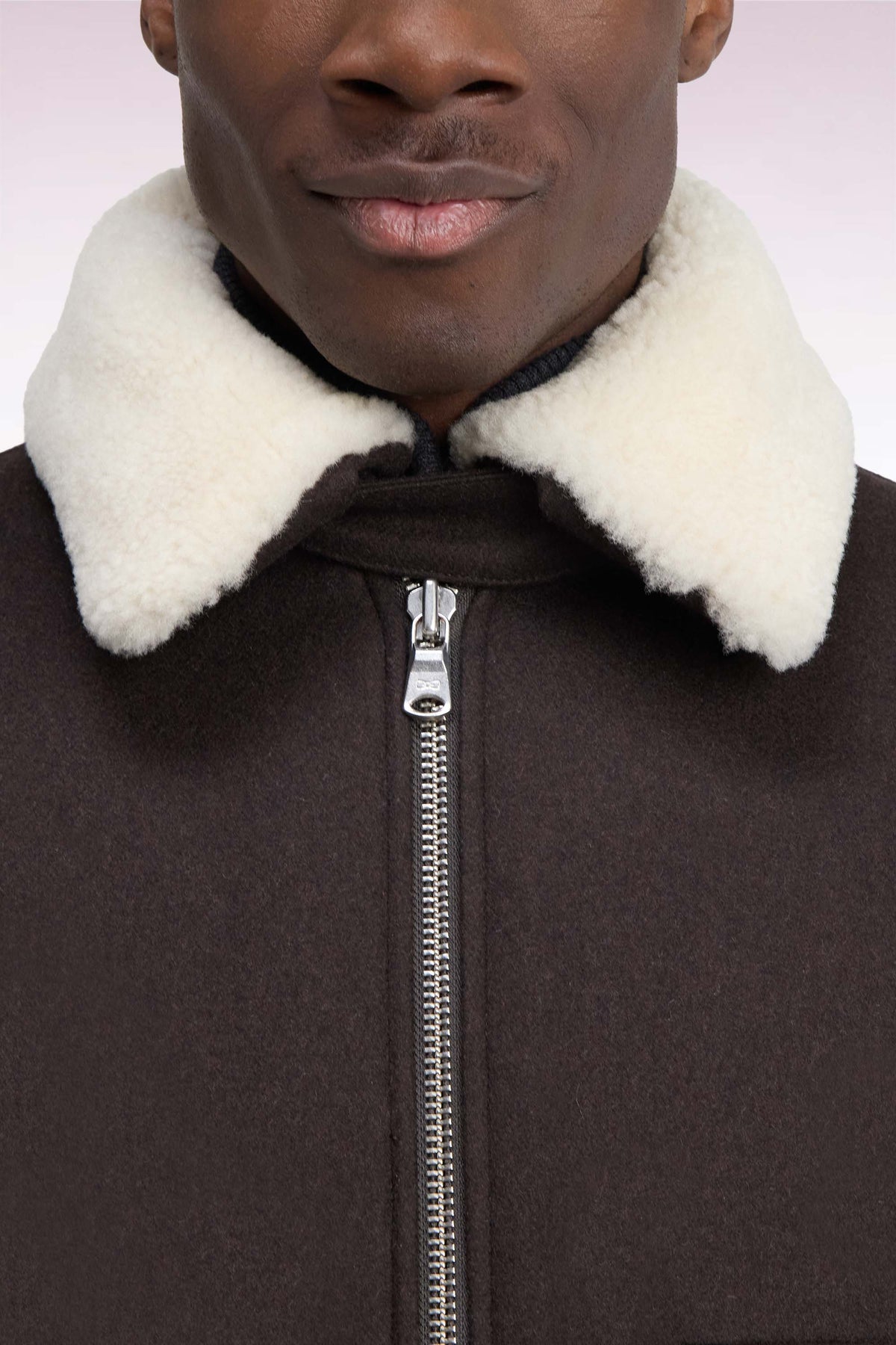 Brown knit jacket with shearling collar