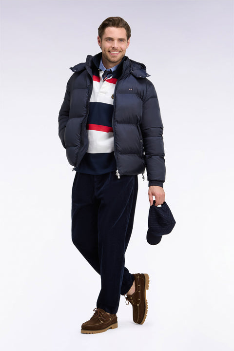 Navy nylon down jacket with removable hood - Image 1