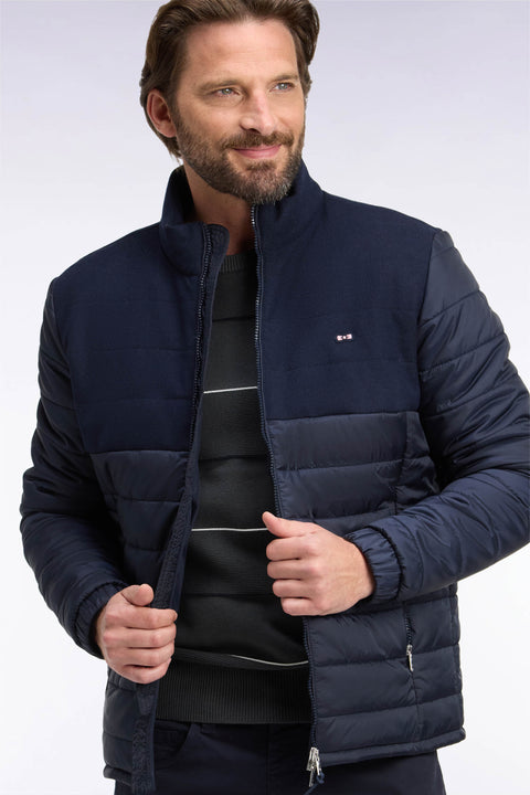 Doudoune bimatière en nylon et flanelle marine - Image 1
