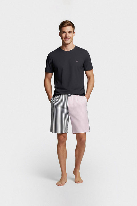 Short cotton pajamas set Navy T-shirt and navy and pink stick-striped shorts - Image 2