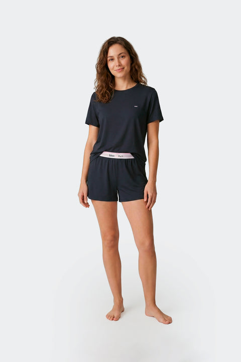 Short pajamas set in navy stretch Tencel - Image 2