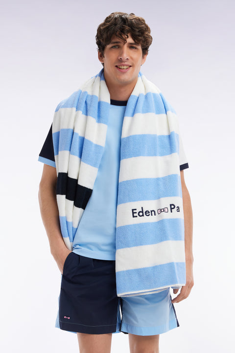 Striped beach towel in sky blue terry cotton - Image 2