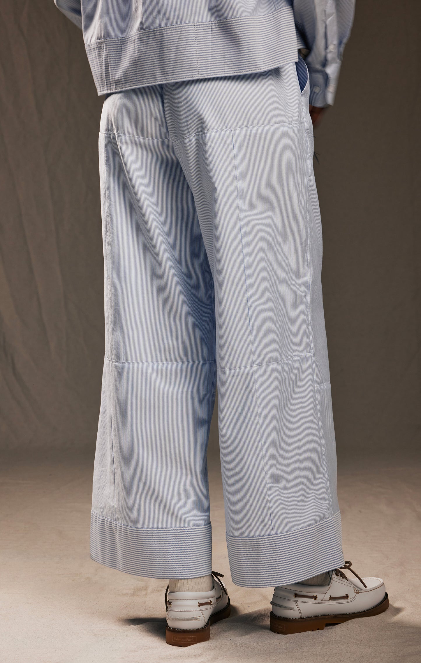 Pap'Atelier upcycled wide-leg trousers in sky blue and white striped cotton