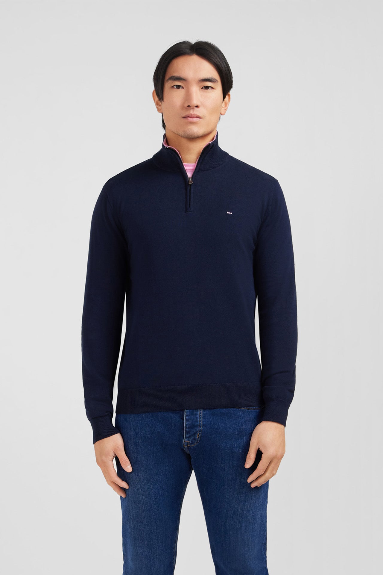 Navy blue cotton jersey jumper with trucker neck