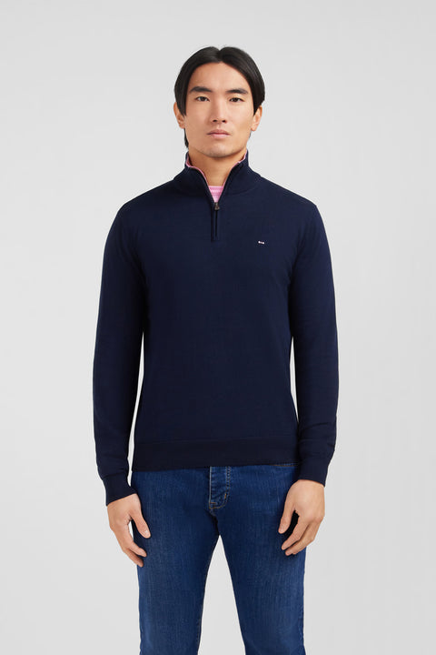 Navy blue cotton jersey jumper with trucker neck - Image 3