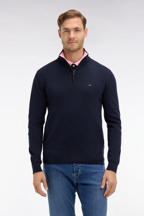 Navy blue cotton jersey jumper with trucker neck - Image 3