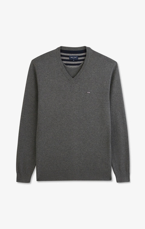Grey cotton V-neck sweater - Image 2