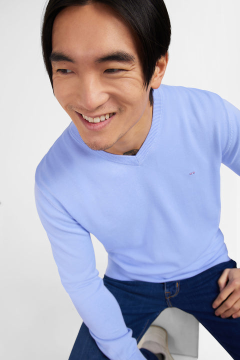 Blue cotton V-neck sweater - Image 1