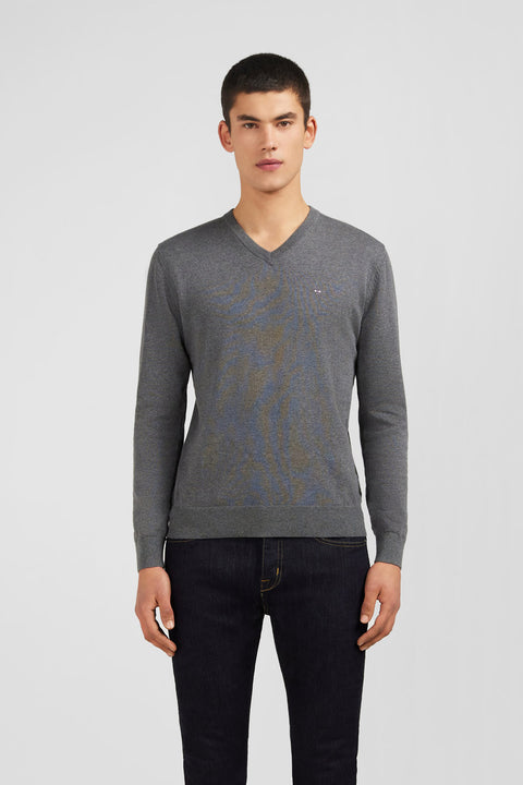 Grey cotton V-neck sweater - Image 3