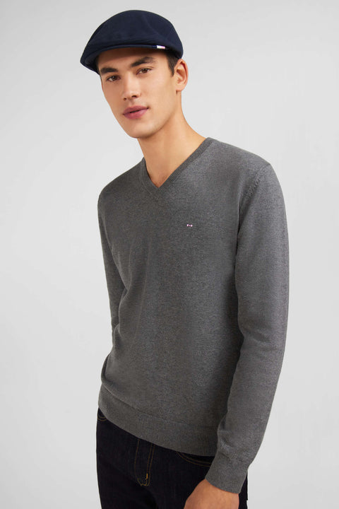 Grey cotton V-neck sweater - Image 1