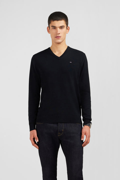 Black cotton V-neck sweater - Image 1