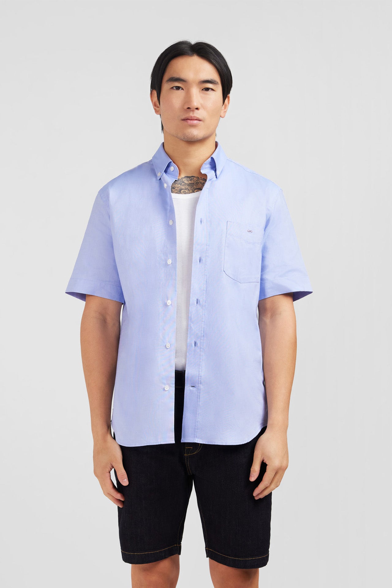 Short sleeved blue cotton shirt