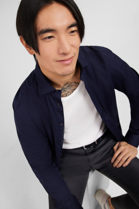 Slim-fit navy shirt in stretch poplin - Image 1