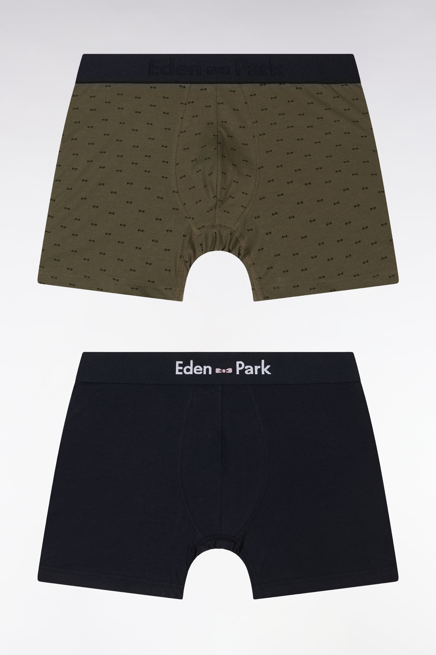 Set of two plain and printed boxer shorts in navy and khaki stretch cotton jersey