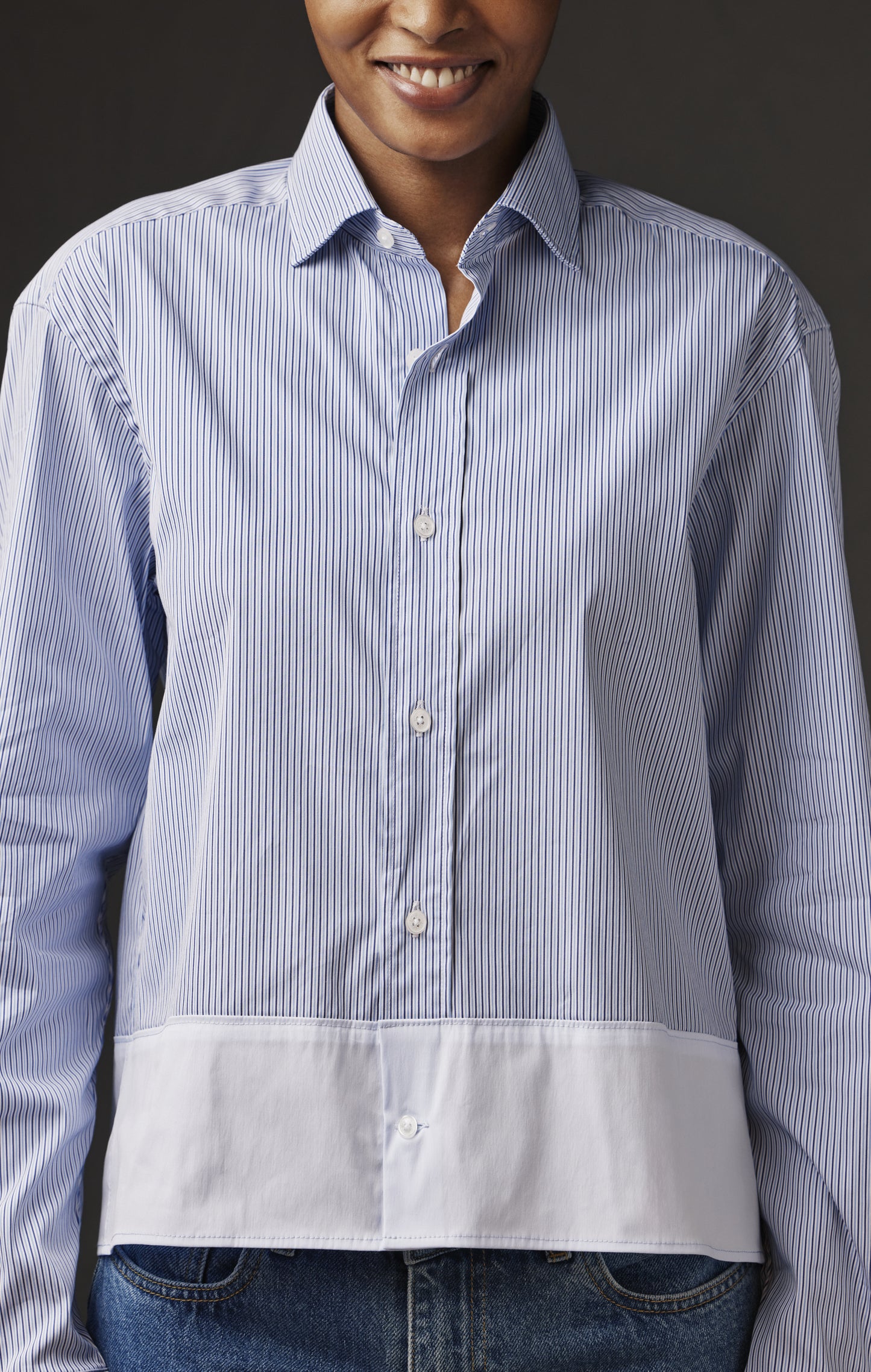 Upcycled blue and white striped cotton shirt Pap'Atelier