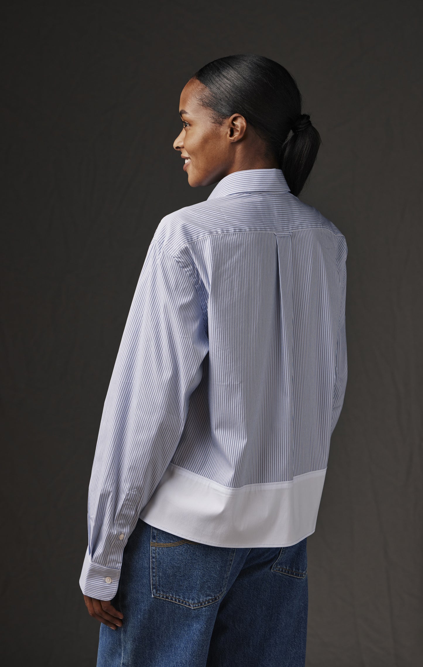 Upcycled blue and white striped cotton shirt Pap'Atelier